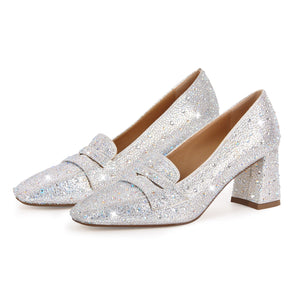 Silver Rhinestone Square Toe Chunky Heel Pumps