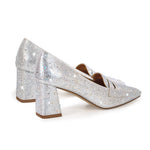 Load image into Gallery viewer, Silver Rhinestone Square Toe Chunky Heel Pumps
