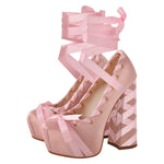 Load image into Gallery viewer, Bow Lolita Platform Lace-up Chunky Heel Pumps
