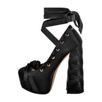 Load image into Gallery viewer, Bow Lolita Platform Lace-up Chunky Heel Pumps
