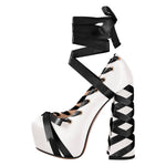 Load image into Gallery viewer, Bow Lolita Platform Lace-up Chunky Heel Pumps
