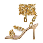 Load image into Gallery viewer, Gold Square Toe Metal Chain Lace-up Stiletto Sandals
