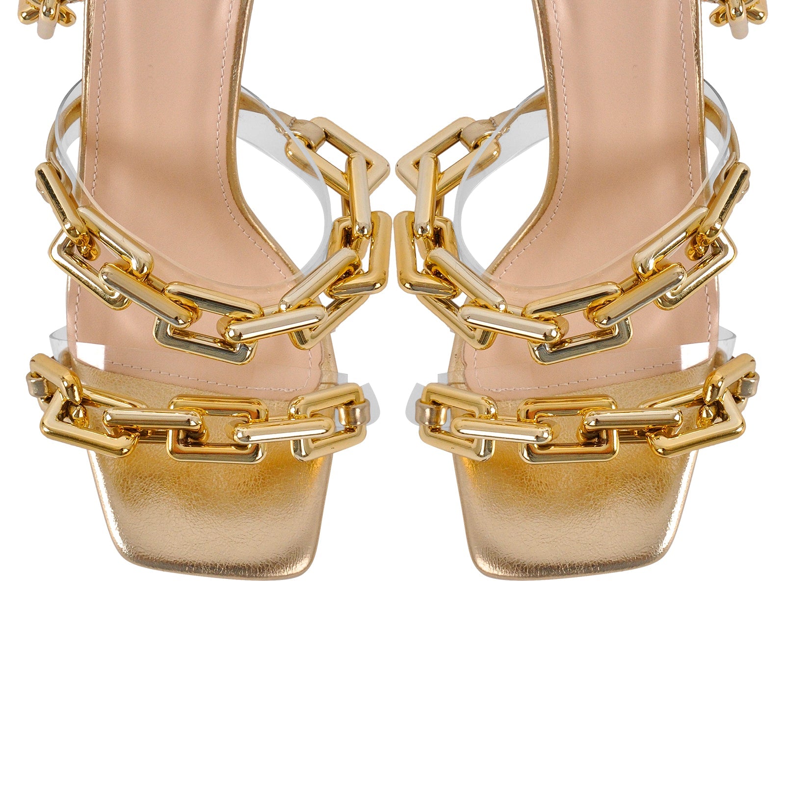 Gold Square Toe Metal Chain Lace-up Stiletto Sandals