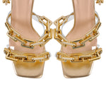 Load image into Gallery viewer, Gold Square Toe Metal Chain Lace-up Stiletto Sandals
