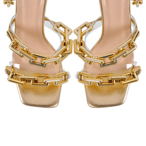 Gold Square Toe Metal Chain Lace-up Stiletto Sandals