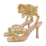 Load image into Gallery viewer, Gold Square Toe Metal Chain Lace-up Stiletto Sandals
