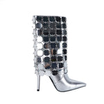 Load image into Gallery viewer, Pointed Toe Sequins Stiletto Fold Over Boots
