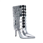 Load image into Gallery viewer, Pointed Toe Sequins Stiletto Fold Over Boots
