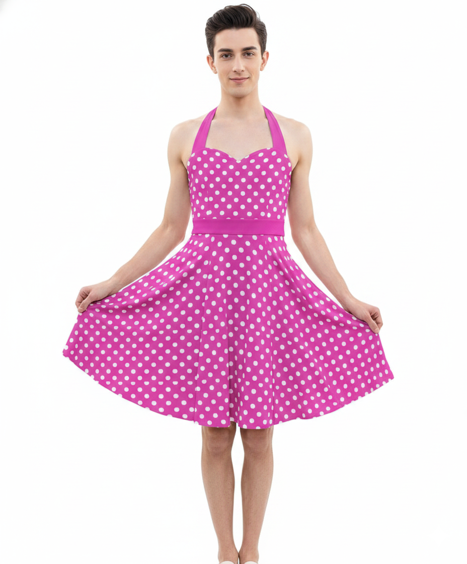 Sweetheart Halter Crossdresser Skater Dress – Feminine A-Line in White Dots