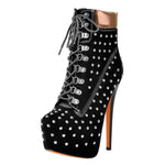 Load image into Gallery viewer, Black Suede Round Toe Rivet Lace-up Ankle Boots
