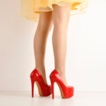 Load image into Gallery viewer, Patent Leather Rounde Toe Platform Red Stiletto High Heels Pumps
