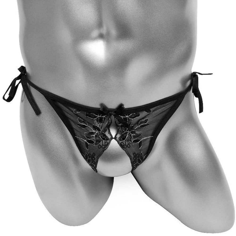 "Sissy Emory" Floral Lace-Up Crotchless Mesh Thong — Embroidered Sissy Panties