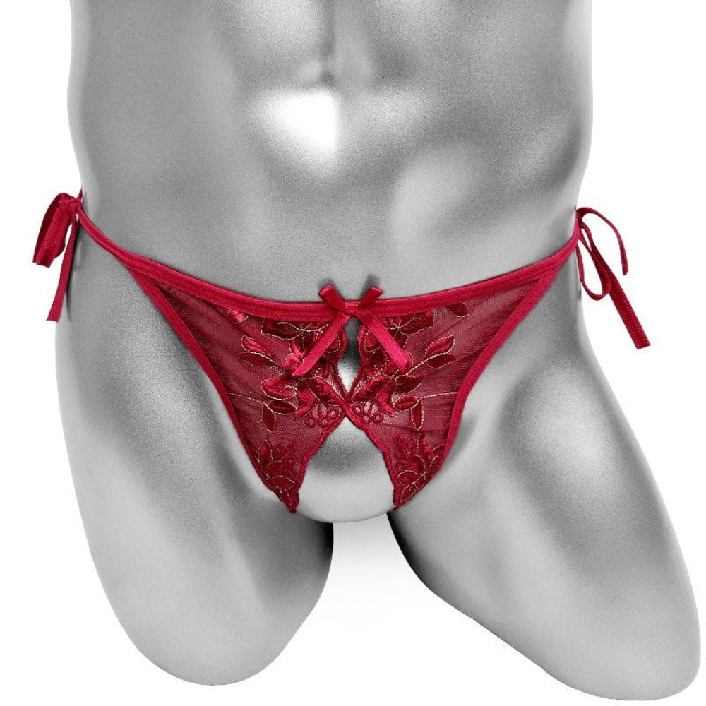 "Sissy Emory" Floral Lace-Up Crotchless Mesh Thong — Embroidered Sissy Panties