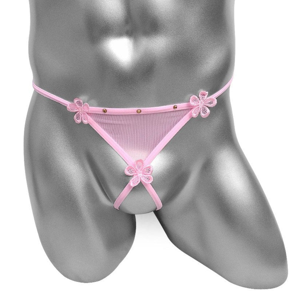 "Sissy Kamryn" Crotchless Thong | Mesh Embroidery G-String | Femboy Lingerie