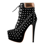 Load image into Gallery viewer, Black Suede Round Toe Rivet Lace-up Ankle Boots
