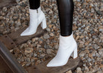 Load image into Gallery viewer, White Woven Pattern Back Zipper Squre Chunky Heel Ankle Boots
