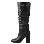 Load image into Gallery viewer, Matte Black Leather Chunky Heels Boots
