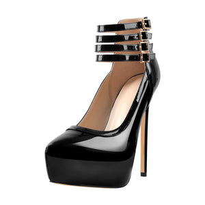 Quadruple Buckle Ankle Strap Patent High Heel Pumps