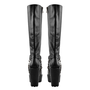 Black Platform Knee High Chunky Heel Boots