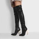 Load image into Gallery viewer, Pointed Toe Matte Black Metal Heels Stiletto Thigh Boots
