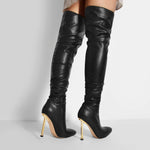 Load image into Gallery viewer, Pointed Toe Matte Black Metal Heels Stiletto Thigh Boots
