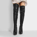 Load image into Gallery viewer, Pointed Toe Matte Black Metal Heels Stiletto Thigh Boots
