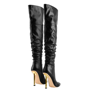 Pointed Toe Matte Black Metal Heels Stiletto Thigh Boots