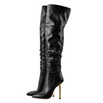 Load image into Gallery viewer, Pointed Toe Matte Black Metal Heels Stiletto Thigh Boots
