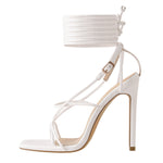 Load image into Gallery viewer, White Square Toe Ankle Strap Stiletto High Heel Sandals
