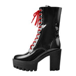 Load image into Gallery viewer, Patent Black Platform Red Lace Chunky Heel Ankle Boots
