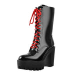 Load image into Gallery viewer, Patent Black Platform Red Lace Chunky Heel Ankle Boots
