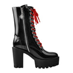 Load image into Gallery viewer, Patent Black Platform Red Lace Chunky Heel Ankle Boots
