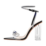 Load image into Gallery viewer, Rhinestone Bow Clear Chunky Heel Sandals
