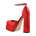 Load image into Gallery viewer, Red Rhinestone Double Platform Chunky Heel Pumps
