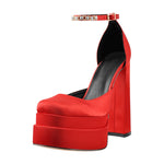 Load image into Gallery viewer, Red Rhinestone Double Platform Chunky Heel Pumps
