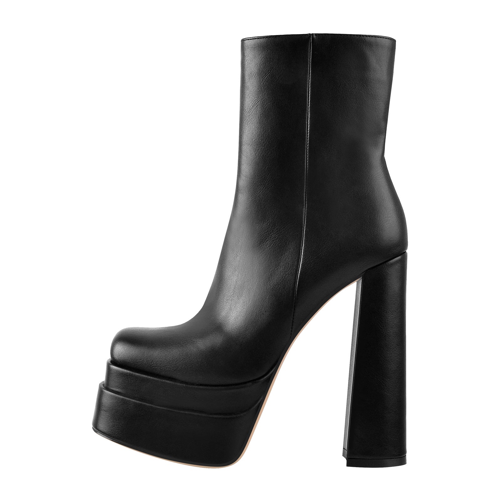 Square Toe Black Double Platform Block Heel Boots