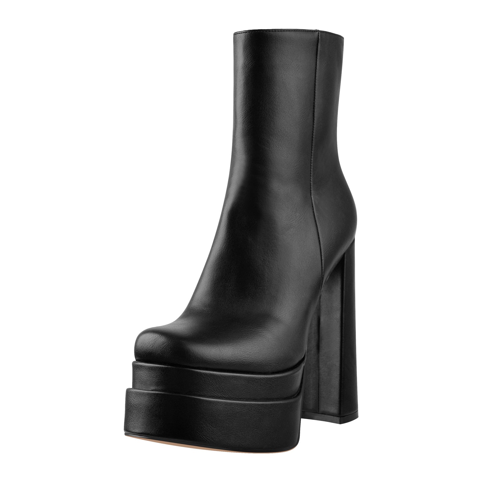 Square Toe Black Double Platform Block Heel Boots