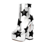 Load image into Gallery viewer, Platform Round Toe Chunky Heel Silver Star Boots
