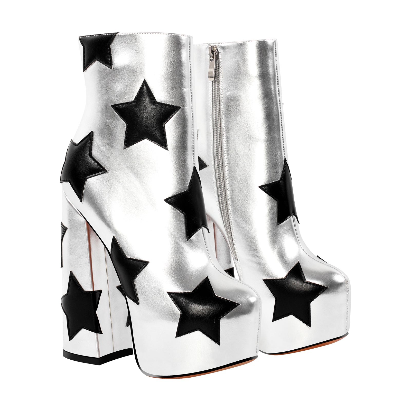 Platform Round Toe Chunky Heel Silver Star Boots