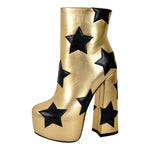 Load image into Gallery viewer, Platform Round Toe Chunky Heel Silver Star Boots
