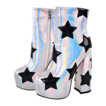 Load image into Gallery viewer, Platform Round Toe Chunky Heel Silver Star Boots
