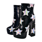 Load image into Gallery viewer, Platform Round Toe Chunky Heel Silver Star Boots
