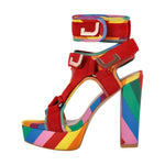 Load image into Gallery viewer, Canvas Rainbow Ankle Strap Chunky Heel Sandals
