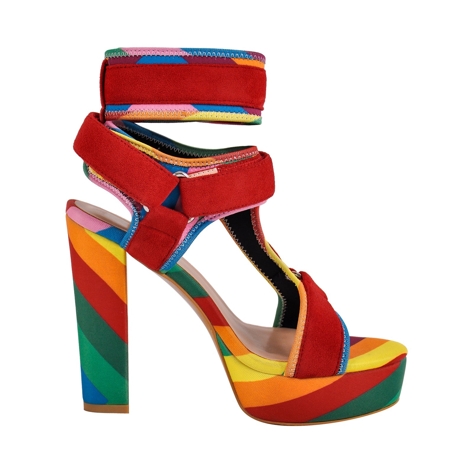 Canvas Rainbow Ankle Strap Chunky Heel Sandals