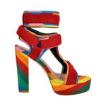 Load image into Gallery viewer, Canvas Rainbow Ankle Strap Chunky Heel Sandals
