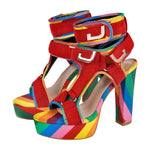 Load image into Gallery viewer, Canvas Rainbow Ankle Strap Chunky Heel Sandals
