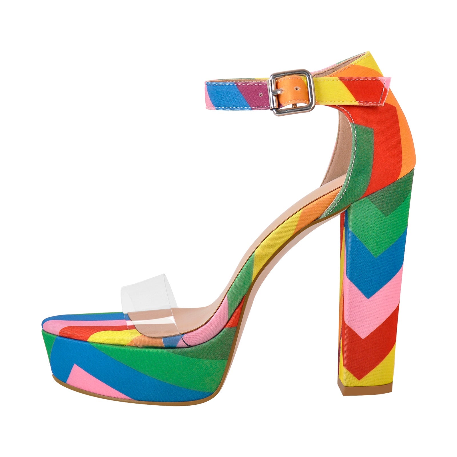 Rainbow Platform Chunky Heel Clear Ankle Strap Sandals