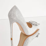 Load image into Gallery viewer, Silver Diamante Buckle Pointed Toe High Heel Pumps
