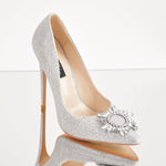 Load image into Gallery viewer, Silver Diamante Buckle Pointed Toe High Heel Pumps
