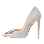 Load image into Gallery viewer, Silver Diamante Buckle Pointed Toe High Heel Pumps
